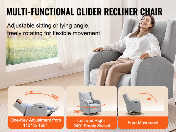 VEVOR recliner chair in gray, featuring adjustable sitting and lying angles with a 240° swivel base.