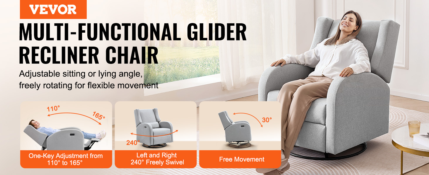 VEVOR recliner chair in gray, featuring adjustable sitting and lying angles with a 240° swivel base.