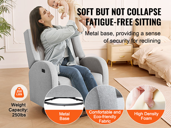 VEVOR recliner chair in bedroom, metal base, eco-friendly fabric, high-density foam, 250 lb capacity.