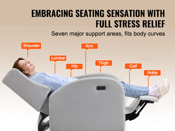 VEVOR recliner chair showcasing ergonomic design and seven support areas for full-body stress relief.