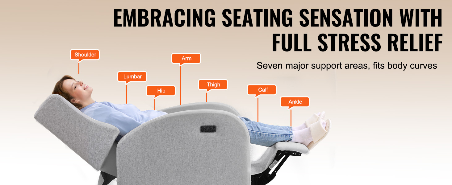 VEVOR recliner chair showcasing ergonomic design and seven support areas for full-body stress relief.