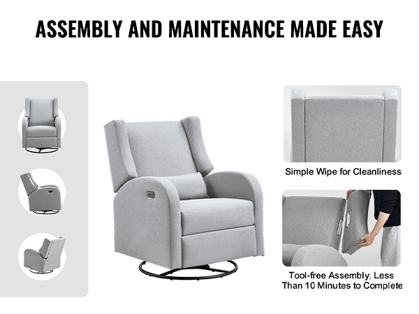 VEVOR recliner chair in gray, easy assembly and maintenance, tool-free setup, simple wipe for cleanliness.