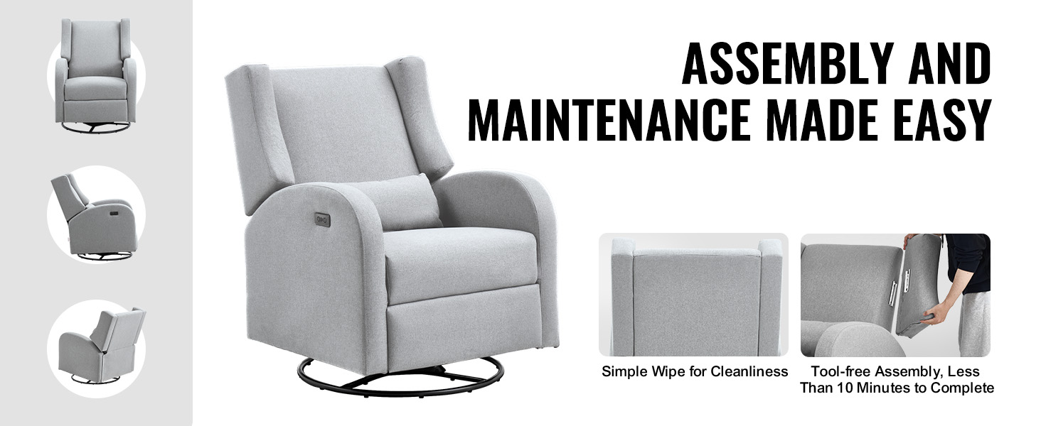 VEVOR recliner chair in gray, easy assembly and maintenance, tool-free setup, simple wipe for cleanliness.