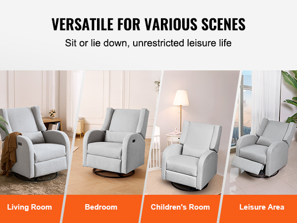 VEVOR recliner chair showcased in living room, bedroom, children's room, and leisure area settings.