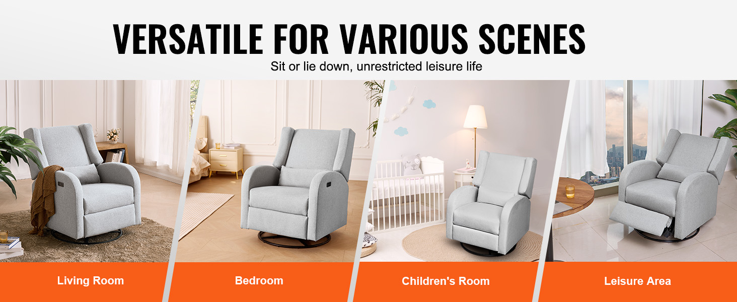 VEVOR recliner chair showcased in living room, bedroom, children's room, and leisure area settings.