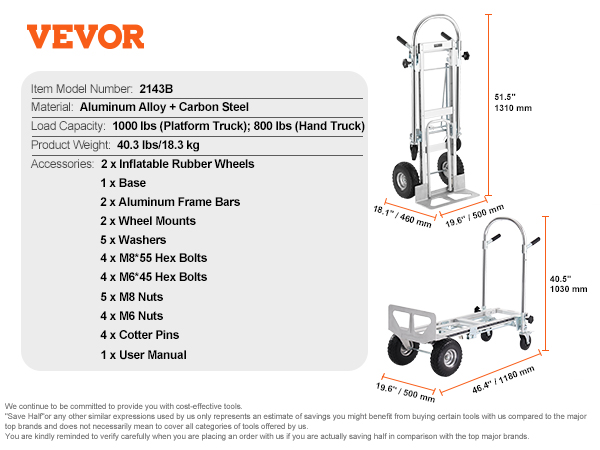 VEVOR aluminum folding hand truck 2143b, 1000 lbs capacity, with dimensions and accessories listed.