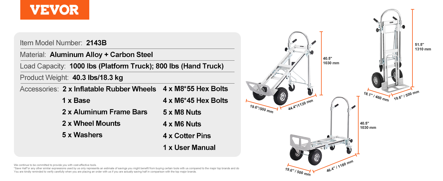VEVOR aluminum folding hand truck 2143b, 1000 lbs capacity, with dimensions and accessories listed.