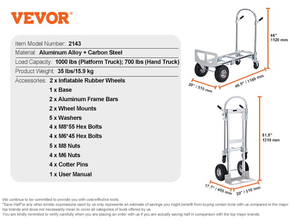VEVOR aluminum folding hand truck specifications: load capacity, dimensions, weight, and included accessories.