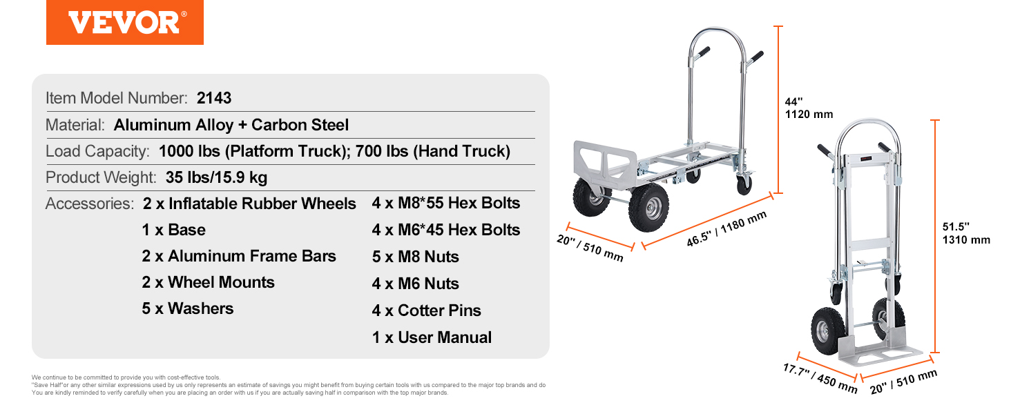 VEVOR aluminum folding hand truck specifications: load capacity, dimensions, weight, and included accessories.