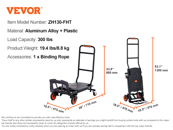 VEVOR aluminum hand truck zh130-fht with 300 lbs capacity, 19.4 lbs weight, folding design, and binding rope.