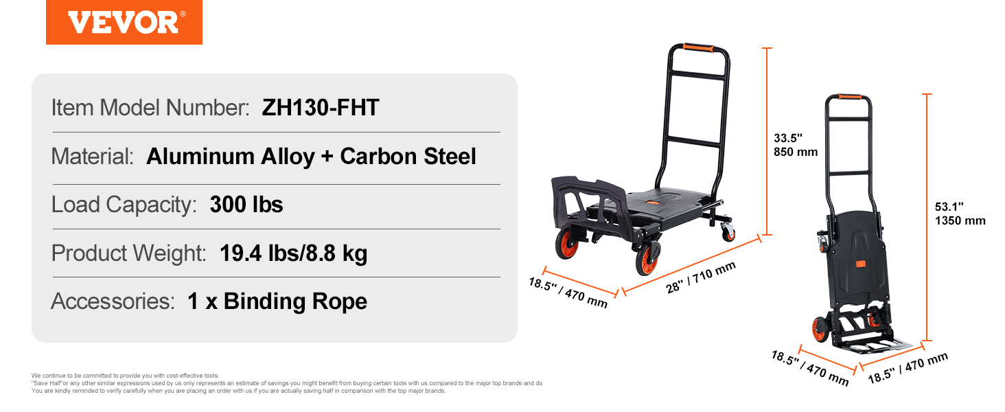 VEVOR aluminum hand truck zh130-fht with 300 lbs capacity, 19.4 lbs weight, folding design, and binding rope.