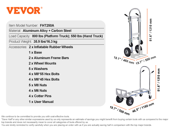 VEVOR aluminum hand truck specifications, dimensions in mm, and accessories list. 800 lbs load capacity.