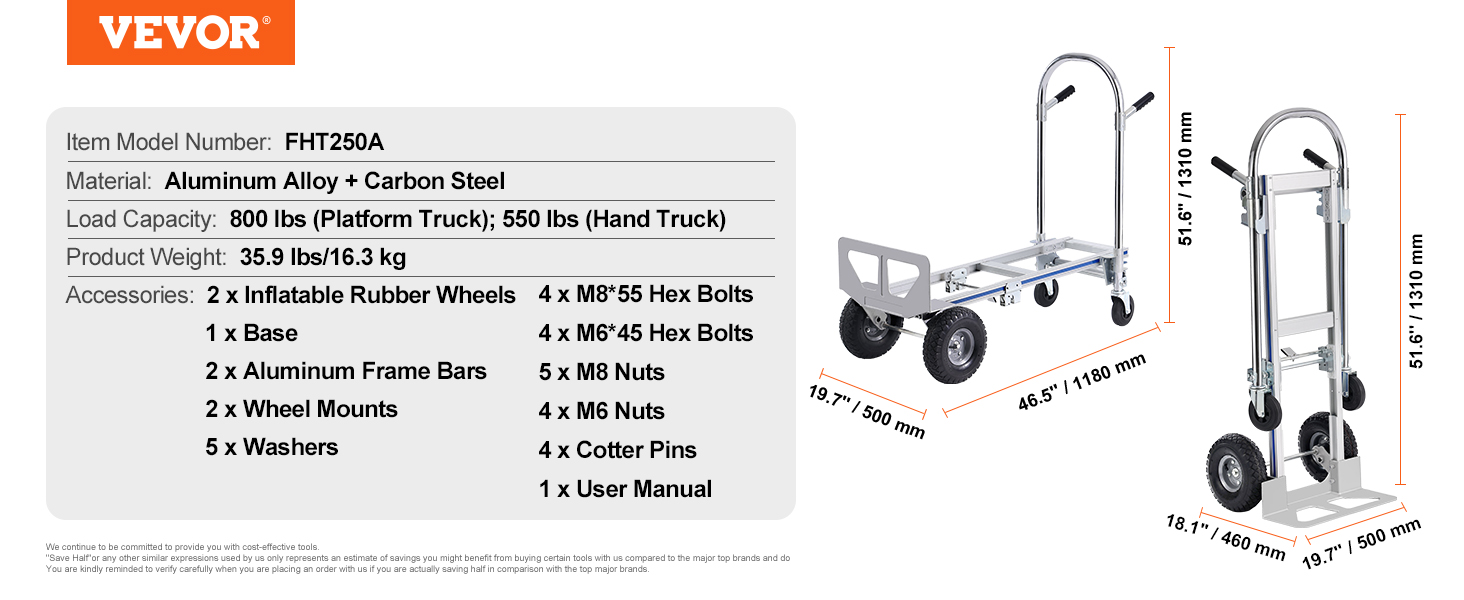 VEVOR aluminum hand truck specifications, dimensions in mm, and accessories list. 800 lbs load capacity.