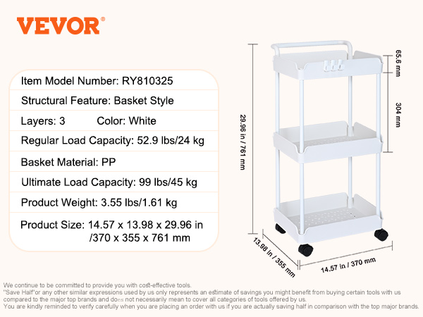 VEVOR rolling utility cart with 3 white baskets, 99 lbs capacity, and dimensions 14.57 x 13.98 x 29.96 in.