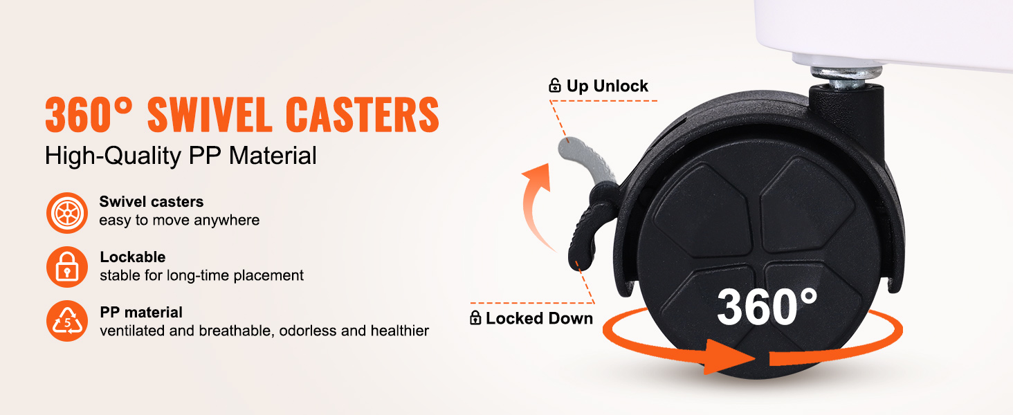 360° swivel casters, lockable, high-quality pp material for VEVOR rolling utility cart.