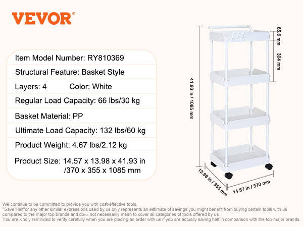 VEVOR kitchen cart, 4-layer basket style, white, 66 lbs regular load capacity, 132 lbs ultimate load capacity.