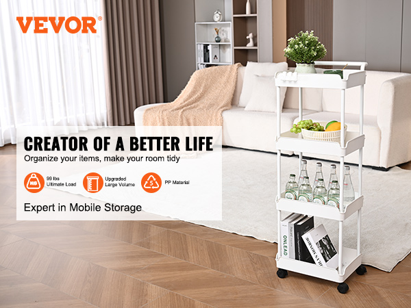 VEVOR kitchen cart in a tidy living room, showcasing mobile storage capabilities with several load icons.