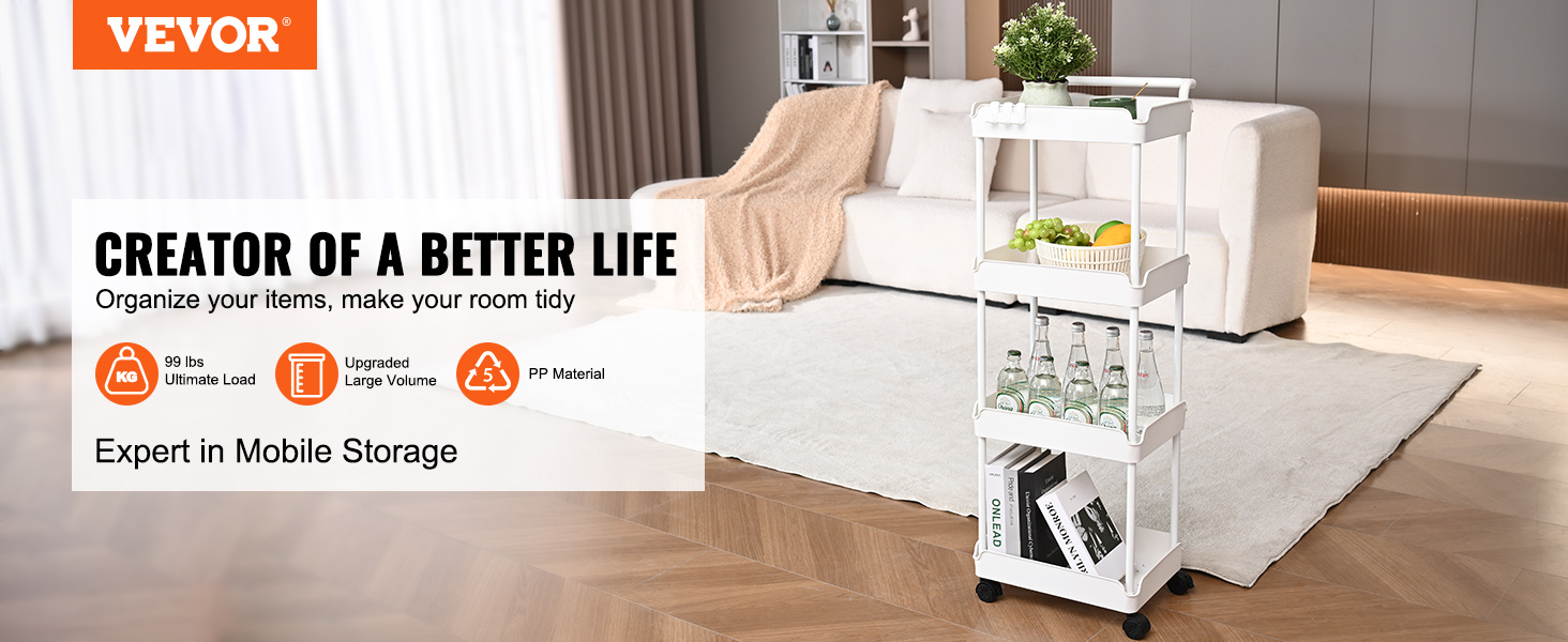 VEVOR kitchen cart in a tidy living room, showcasing mobile storage capabilities with several load icons.
