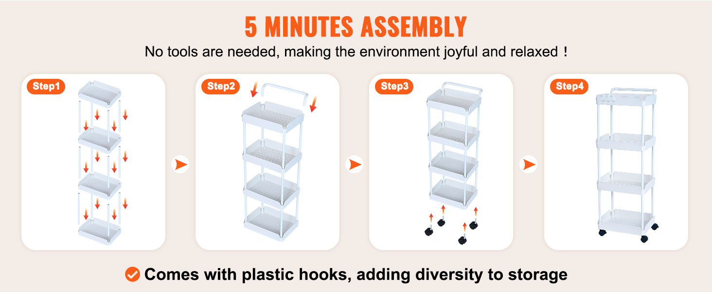 VEVOR kitchen cart assembly steps, no tools needed; plastic hooks included for versatile storage.