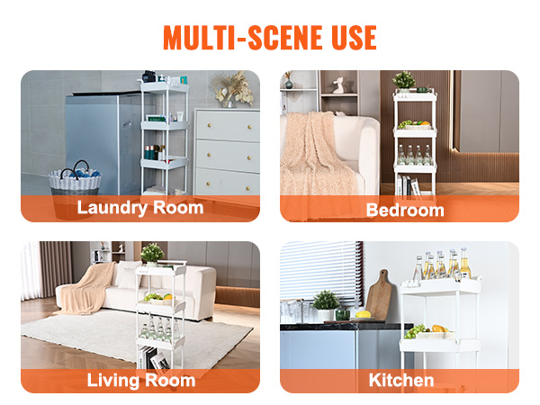 VEVOR kitchen cart in laundry room, bedroom, living room, and kitchen, showcasing multi-scene use.
