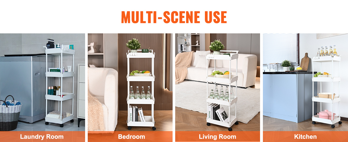 VEVOR kitchen cart in laundry room, bedroom, living room, and kitchen, showcasing multi-scene use.