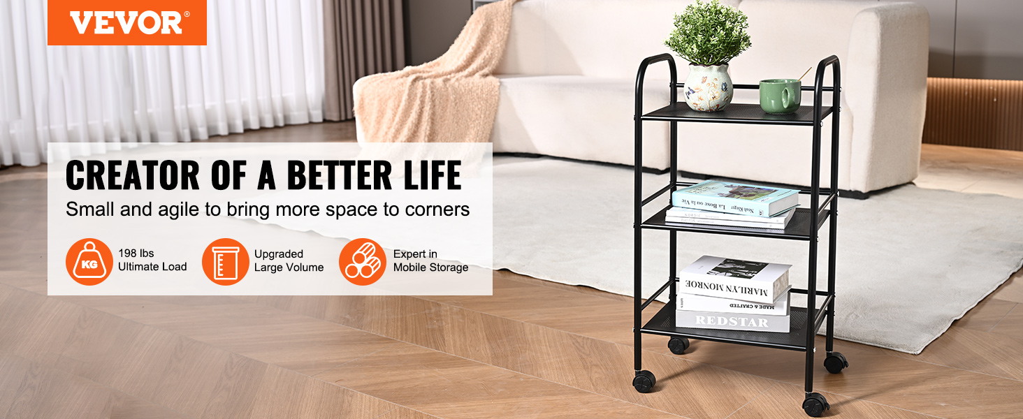 VEVOR rolling cart in a cozy living room, holding books, a plant, and a mug, showcasing its storage efficiency.