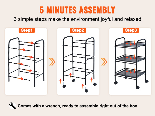 VEVOR rolling cart assembly in 3 simple steps with easy instructions and included wrench for quick setup.