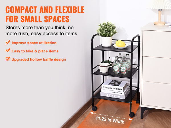 compact VEVOR rolling cart in small space, storing books, bottles, plants, highlighted features listed.