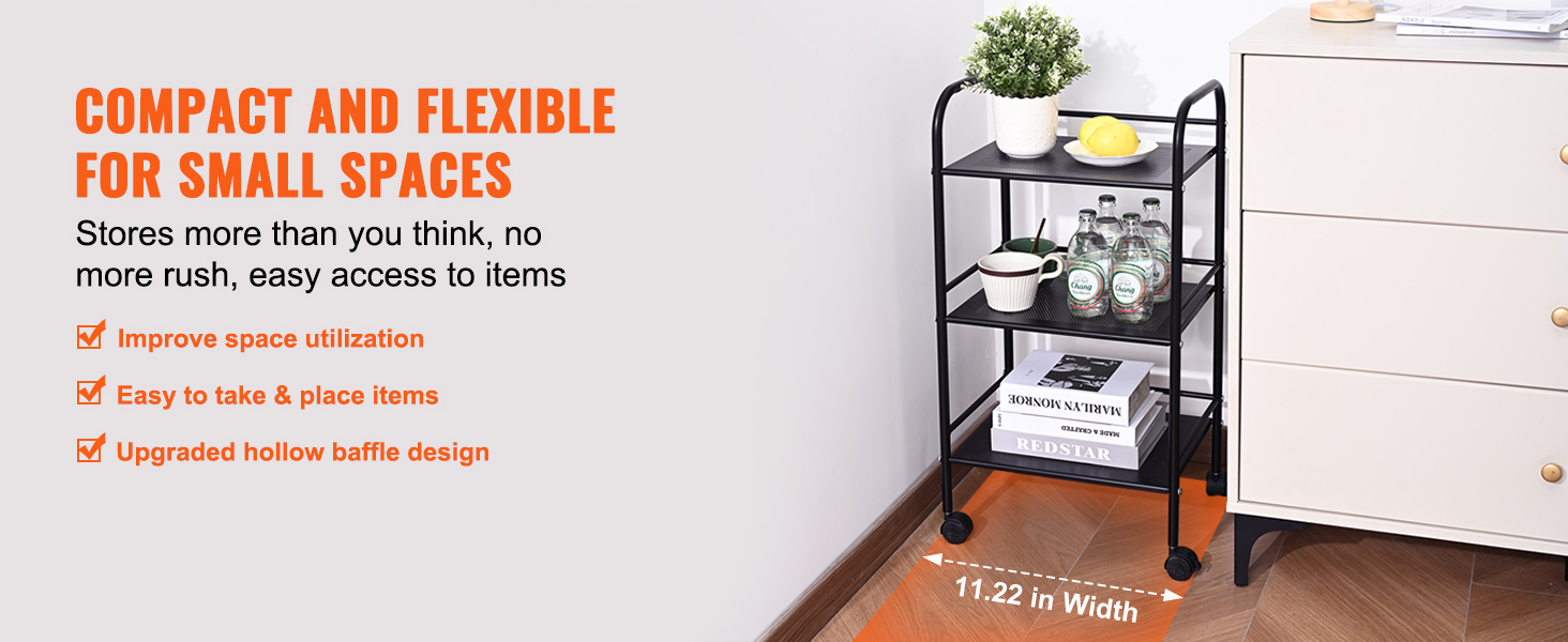 compact VEVOR rolling cart in small space, storing books, bottles, plants, highlighted features listed.