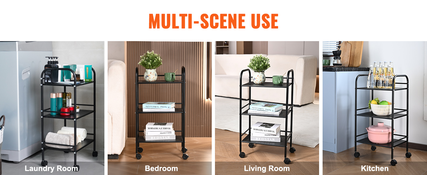 VEVOR rolling cart in laundry room, bedroom, living room, and kitchen setup for versatile use.