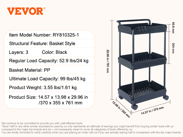 VEVOR 3-tier rolling utility cart, black, basket style, 99 lbs capacity, 14.57 x 13.98 x 29.96 inches.
