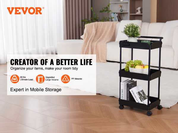 VEVOR 3-tier rolling utility cart in a modern living room, showcasing storage capacity and mobility.