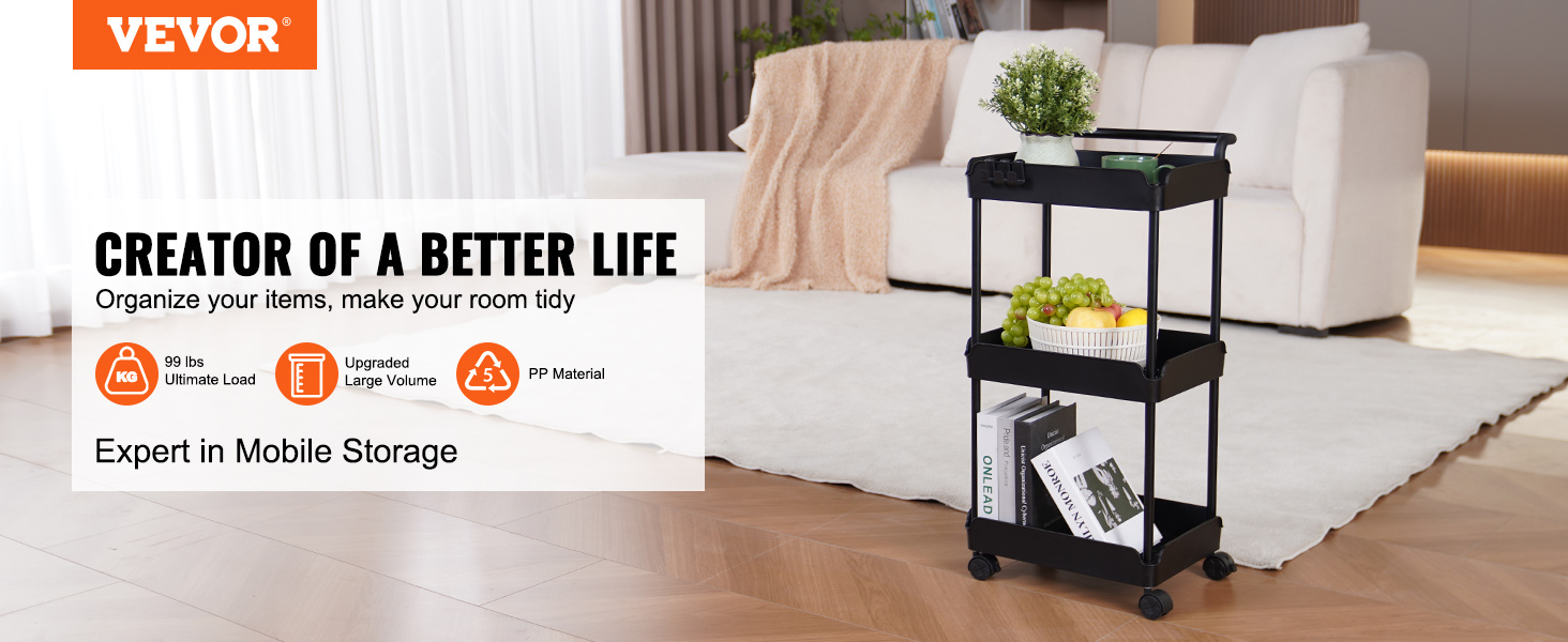 VEVOR 3-tier rolling utility cart in a modern living room, showcasing storage capacity and mobility.