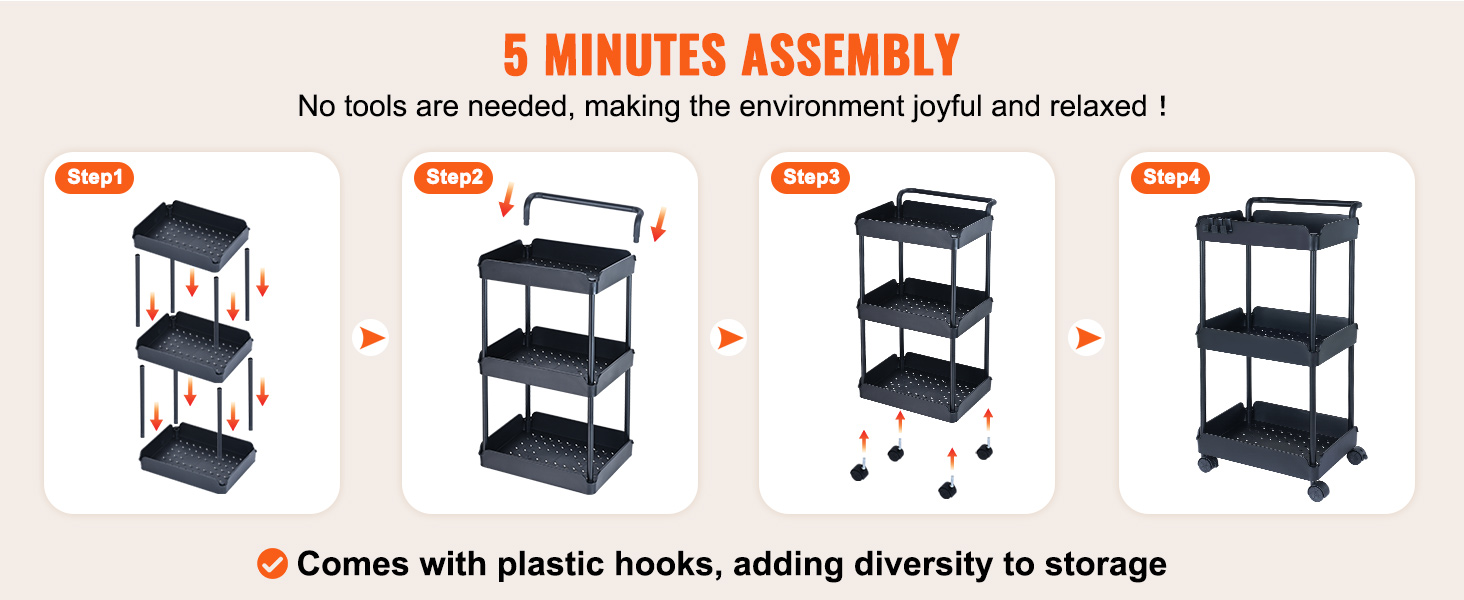 VEVOR 3-tier rolling utility cart assembly steps with hooks, no tools needed, easy and quick setup.