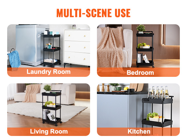 multi-scene use of the VEVOR 3-tier rolling utility cart in laundry, bedroom, living room, and kitchen.