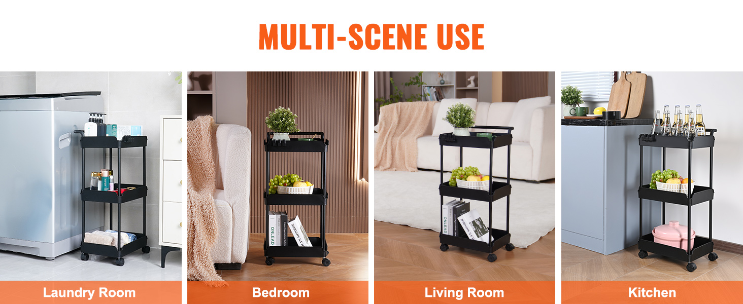 multi-scene use of the VEVOR 3-tier rolling utility cart in laundry, bedroom, living room, and kitchen.