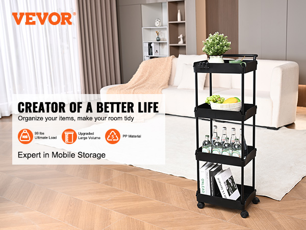 VEVOR rolling utility cart in a living room with organized items and a sofa in the background.