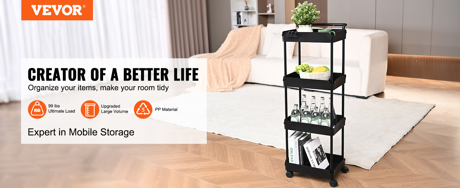 VEVOR rolling utility cart in a living room with organized items and a sofa in the background.