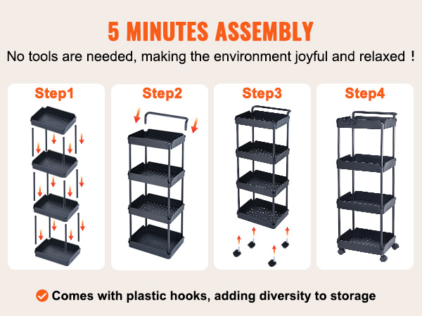 5-minute assembly steps for VEVOR rolling utility cart, from stacking trays to attaching wheels, with plastic hooks.