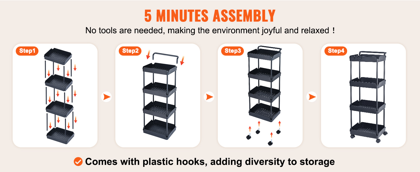 5-minute assembly steps for VEVOR rolling utility cart, from stacking trays to attaching wheels, with plastic hooks.