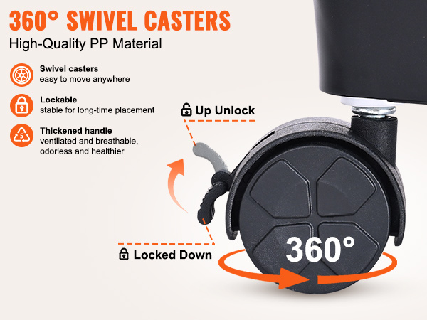 360° swivel casters for VEVOR rolling utility cart with lockable and high-quality pp material.