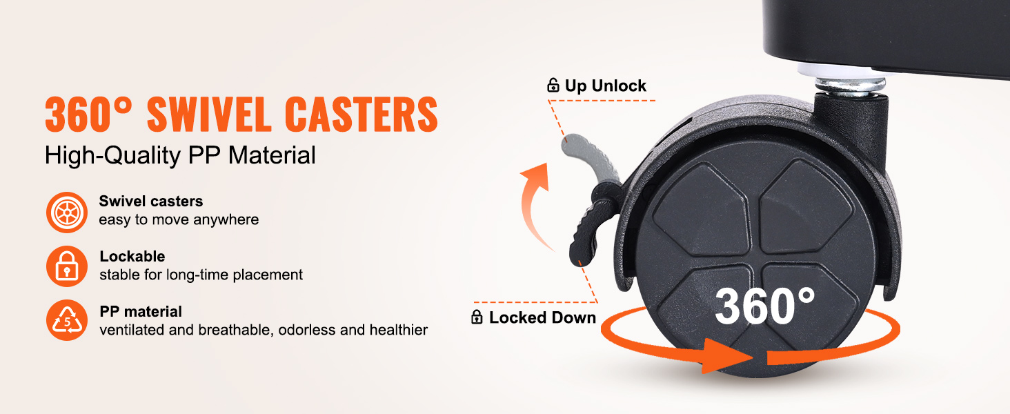 360° swivel casters for VEVOR rolling utility cart with lockable and high-quality pp material.