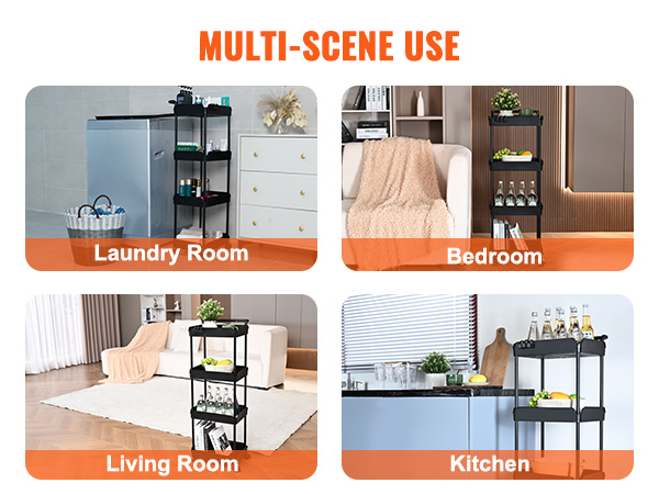VEVOR rolling utility cart used in laundry room, bedroom, living room, and kitchen showcasing versatility.