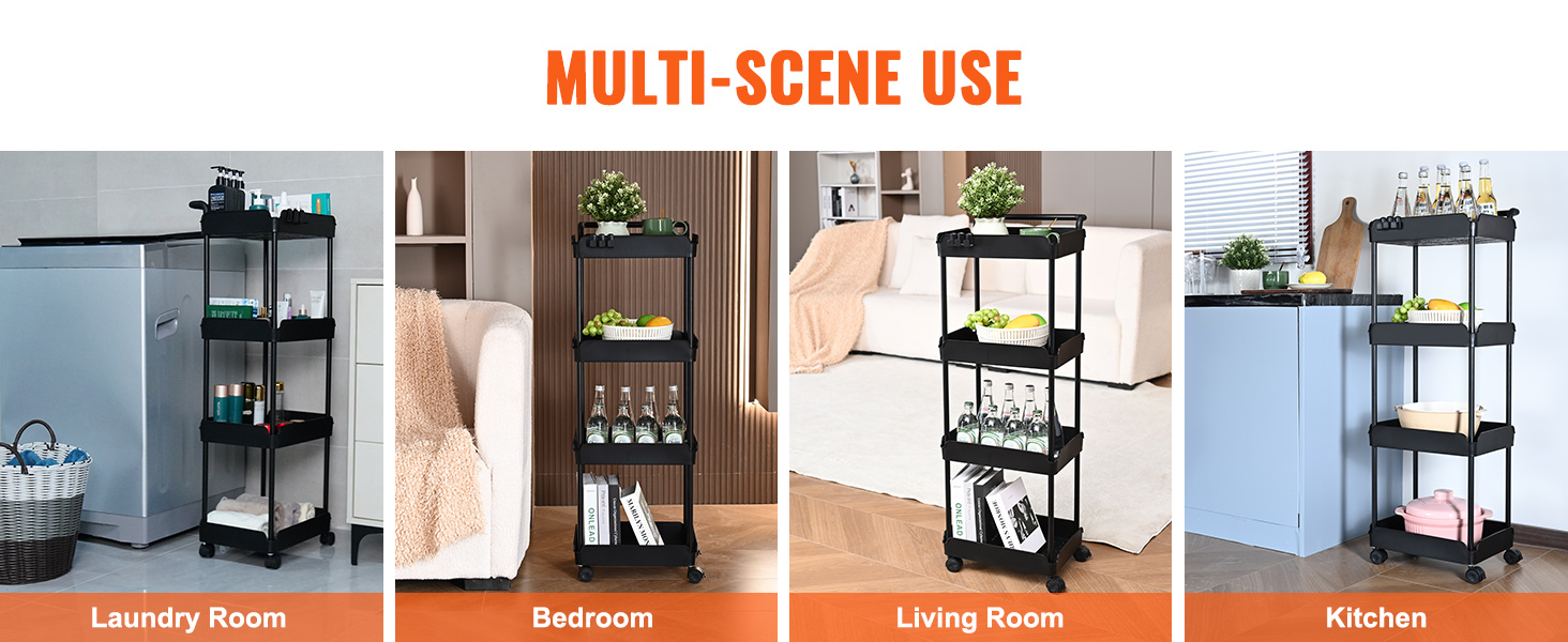 VEVOR rolling utility cart used in laundry room, bedroom, living room, and kitchen showcasing versatility.