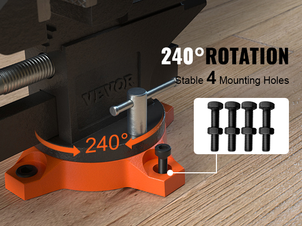 Верстачные тиски VEVOR с поворотом на 240 °, устойчивые к 4 монтажным отверстиям на деревянной рабочей поверхности.