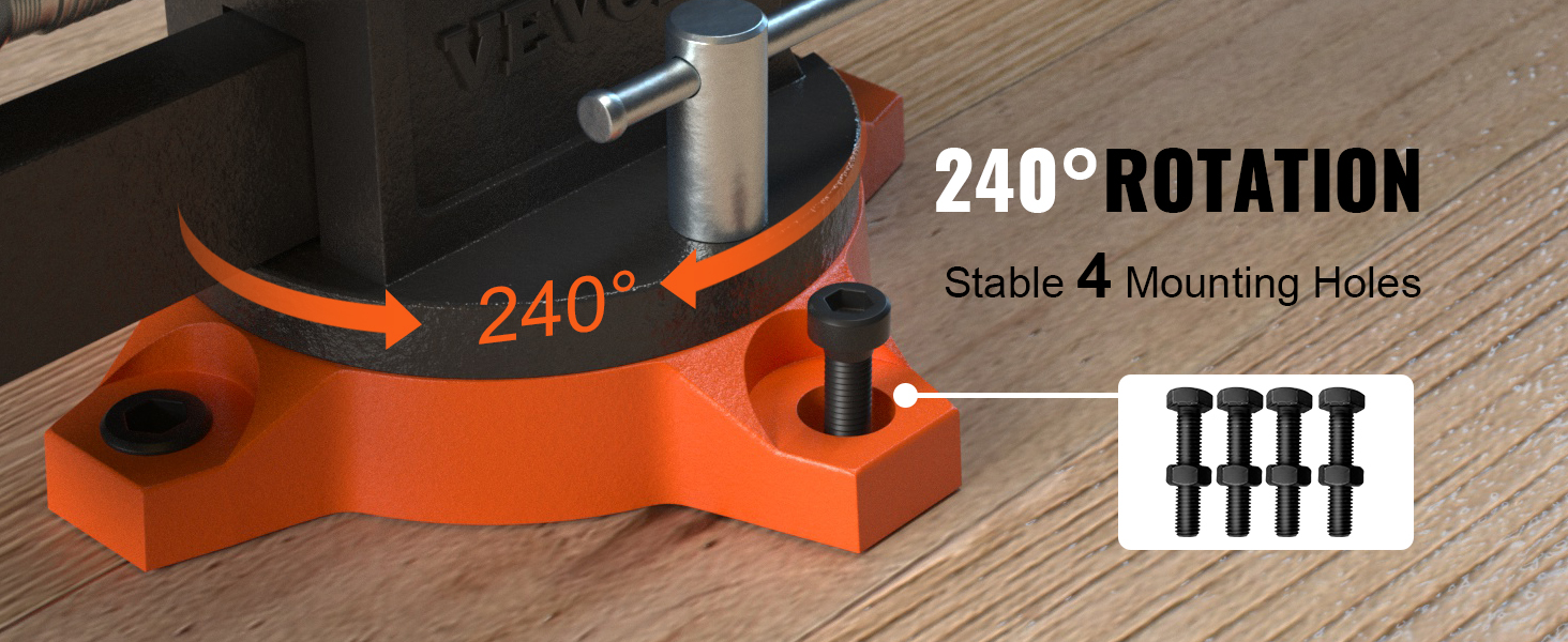 Верстачные тиски VEVOR с поворотом на 240 °, устойчивые к 4 монтажным отверстиям на деревянной рабочей поверхности.
