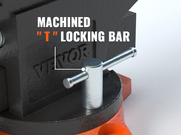 Верстачные тиски VEVOR с обработанной т-образной фиксирующей планкой на прочном оранжевом основании.