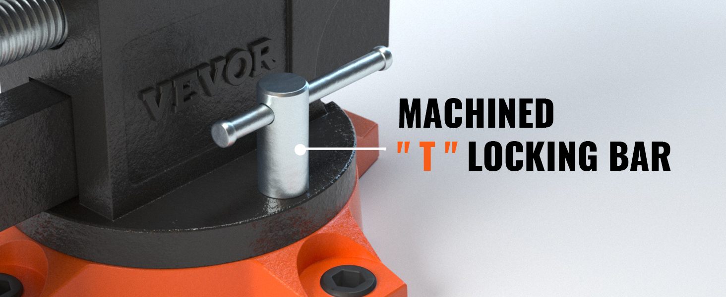 Верстачные тиски VEVOR с обработанной т-образной фиксирующей планкой на прочном оранжевом основании.