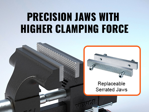 Верстачные тиски VEVOR с прецизионными губками и сменными зубчатыми губками для увеличения усилия зажима.