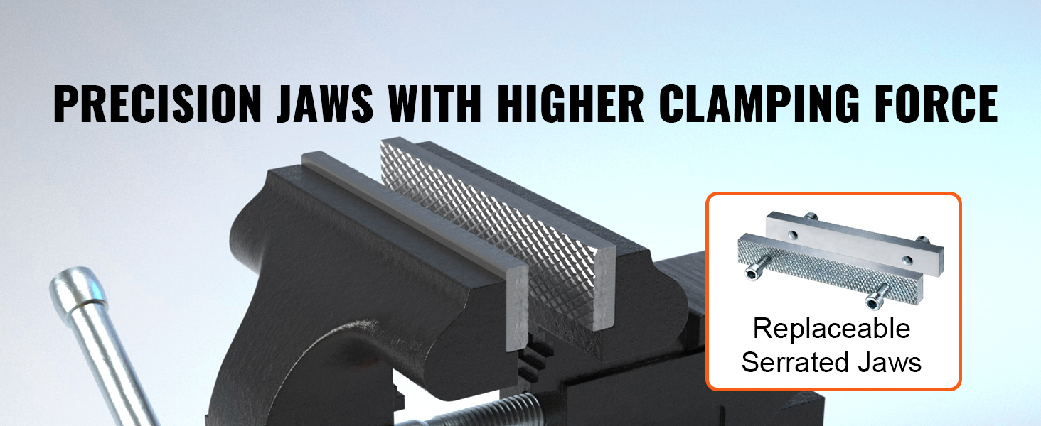 Верстачные тиски VEVOR с прецизионными губками и сменными зубчатыми губками для увеличения усилия зажима.